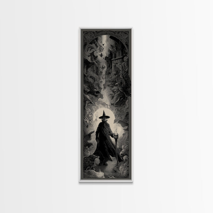 The Crossroads Spirit, Gothic Engraving Art, Tall Narrow Wall Art, Dark Halloween Decor, Framed Canvas Print, Halloween Wall Art