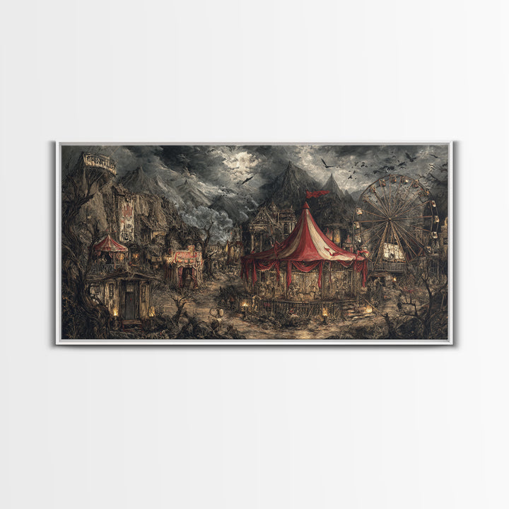 The Abandoned Carnival, Baroque Witchcraft Art, Wide Panoramic Art, Dark Fantasy Wall Art, Framed Canvas Print, Halloween Wall Art