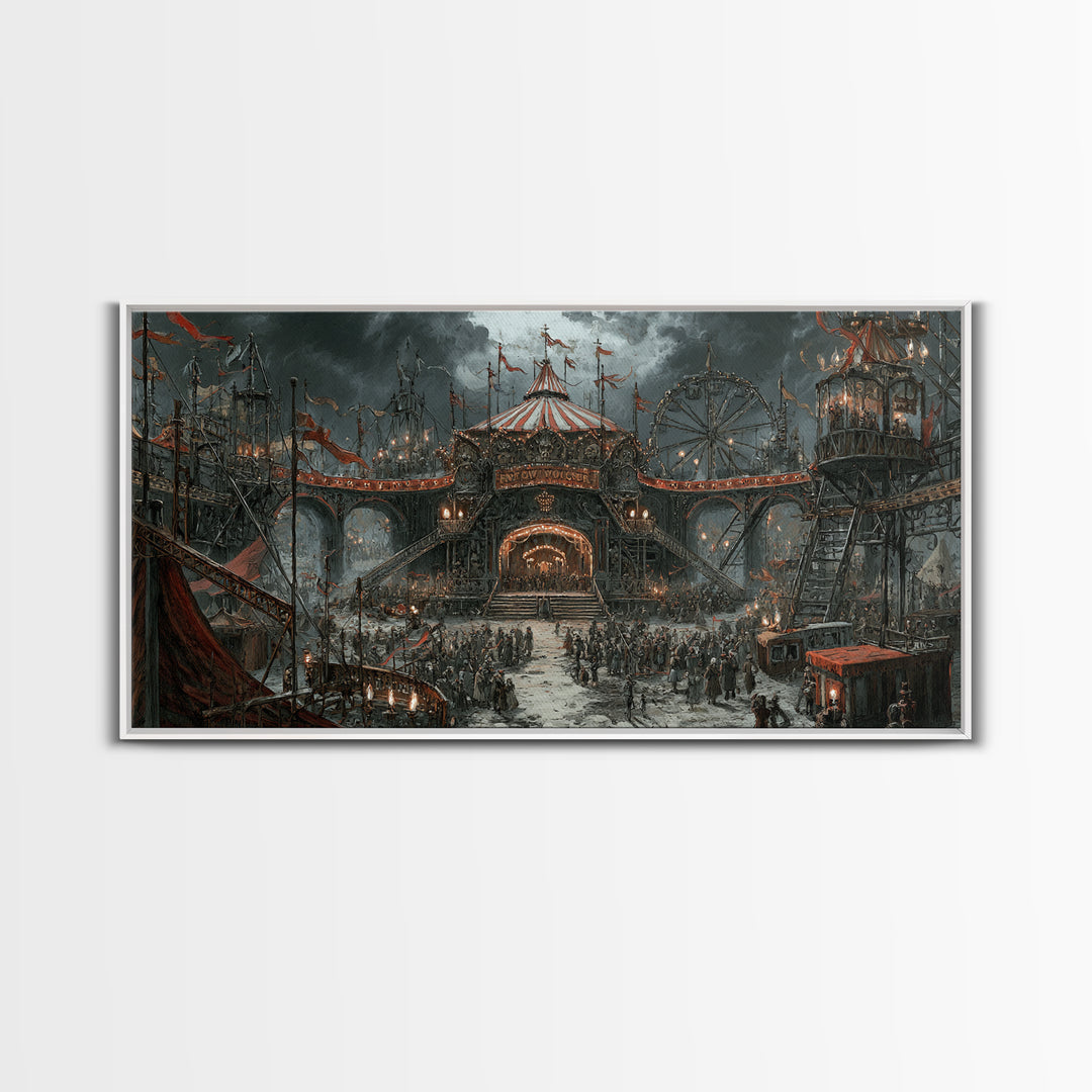 The Abandoned Carnival, Architectural Etching Art, Wide Panoramic Art, Macabre Wall Art, Framed Canvas Print