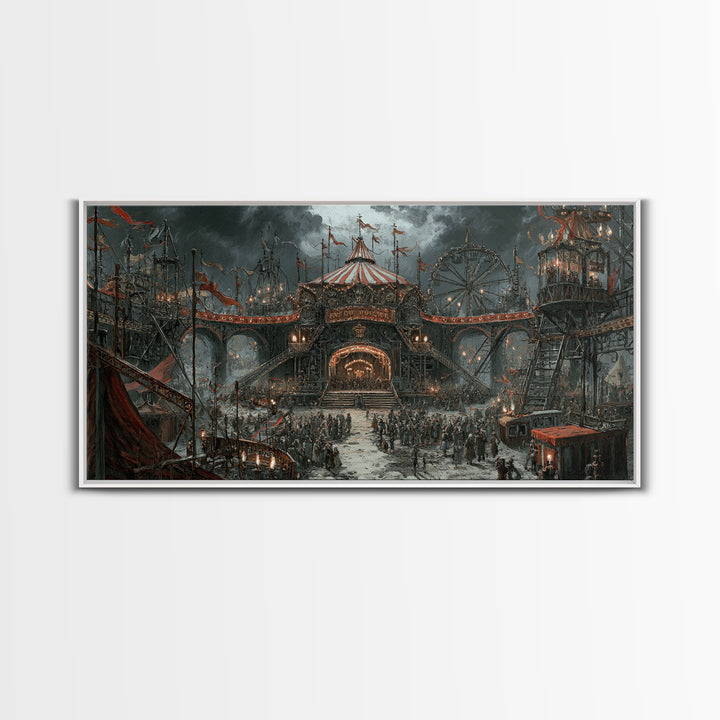 The Abandoned Carnival, Architectural Etching Art, Wide Panoramic Art, Macabre Wall Art, Framed Canvas Print