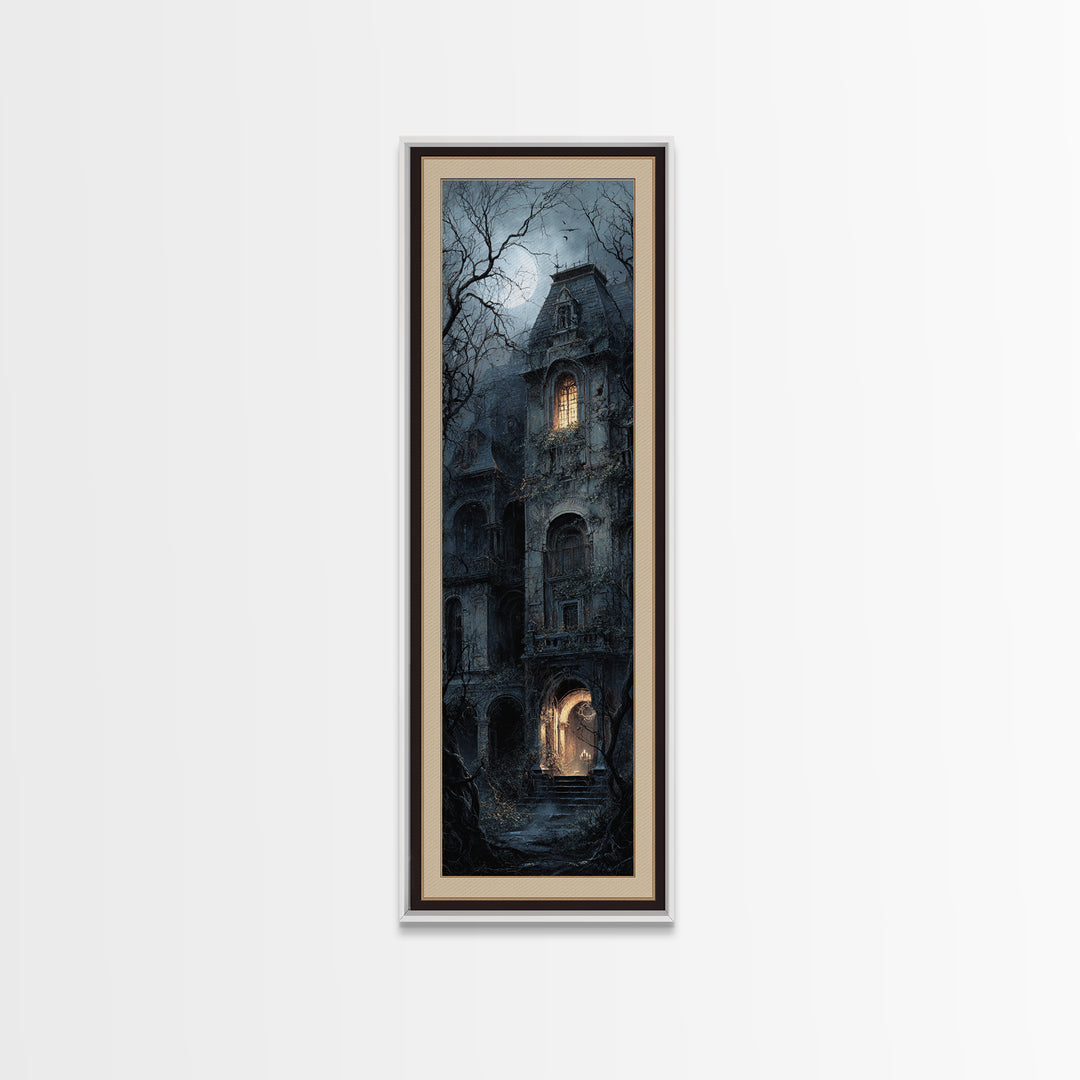 The Haunted Manor, Gothic Engraving Art, Tall Narrow Wall Art, Macabre Wall Art, Framed Canvas Print, Halloween Wall Art