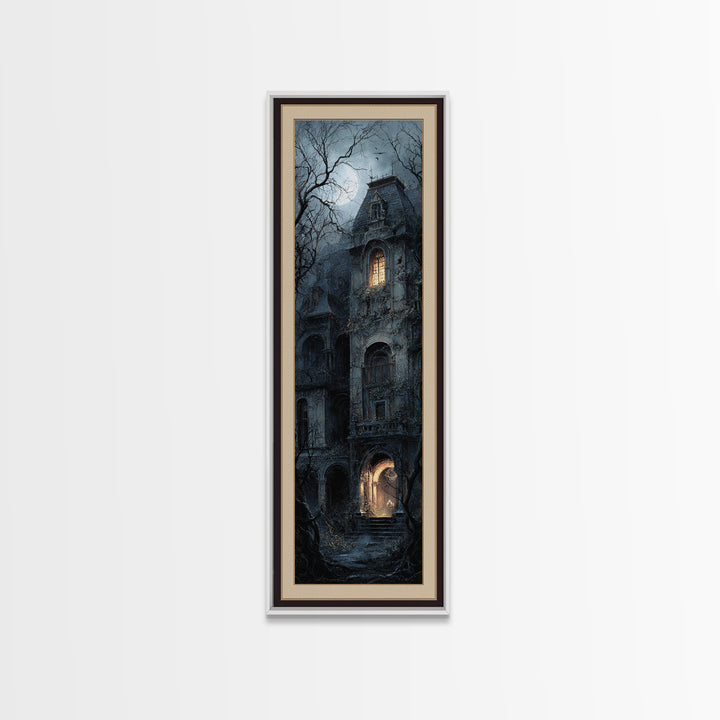 The Haunted Manor, Gothic Engraving Art, Tall Narrow Wall Art, Macabre Wall Art, Framed Canvas Print, Halloween Wall Art