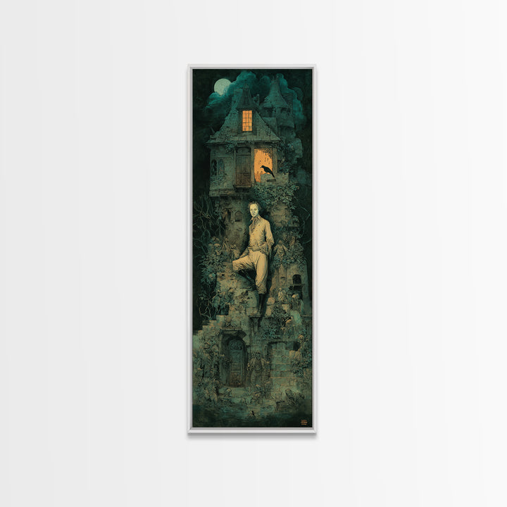 The Haunted Manor, Medieval Grotesque Art, Tall Narrow Wall Art, Dark Halloween Decor, Framed Canvas Print, Halloween Wall Art