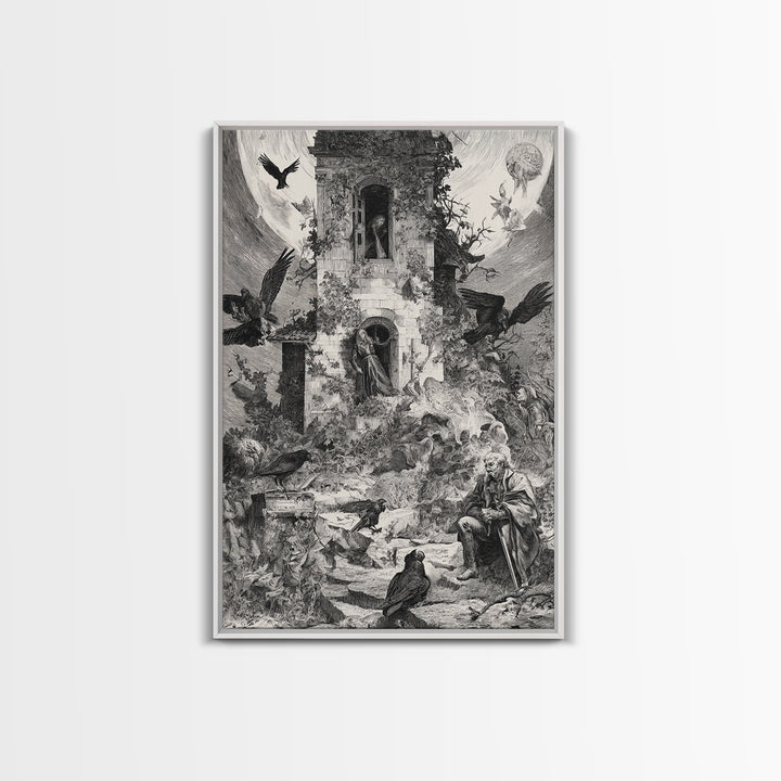 The Haunted Manor, Renaissance Engraving Art, Vertical Wall Art, Macabre Wall Art, Canvas Print, Halloween Wall Art, Spooky Wall Decor