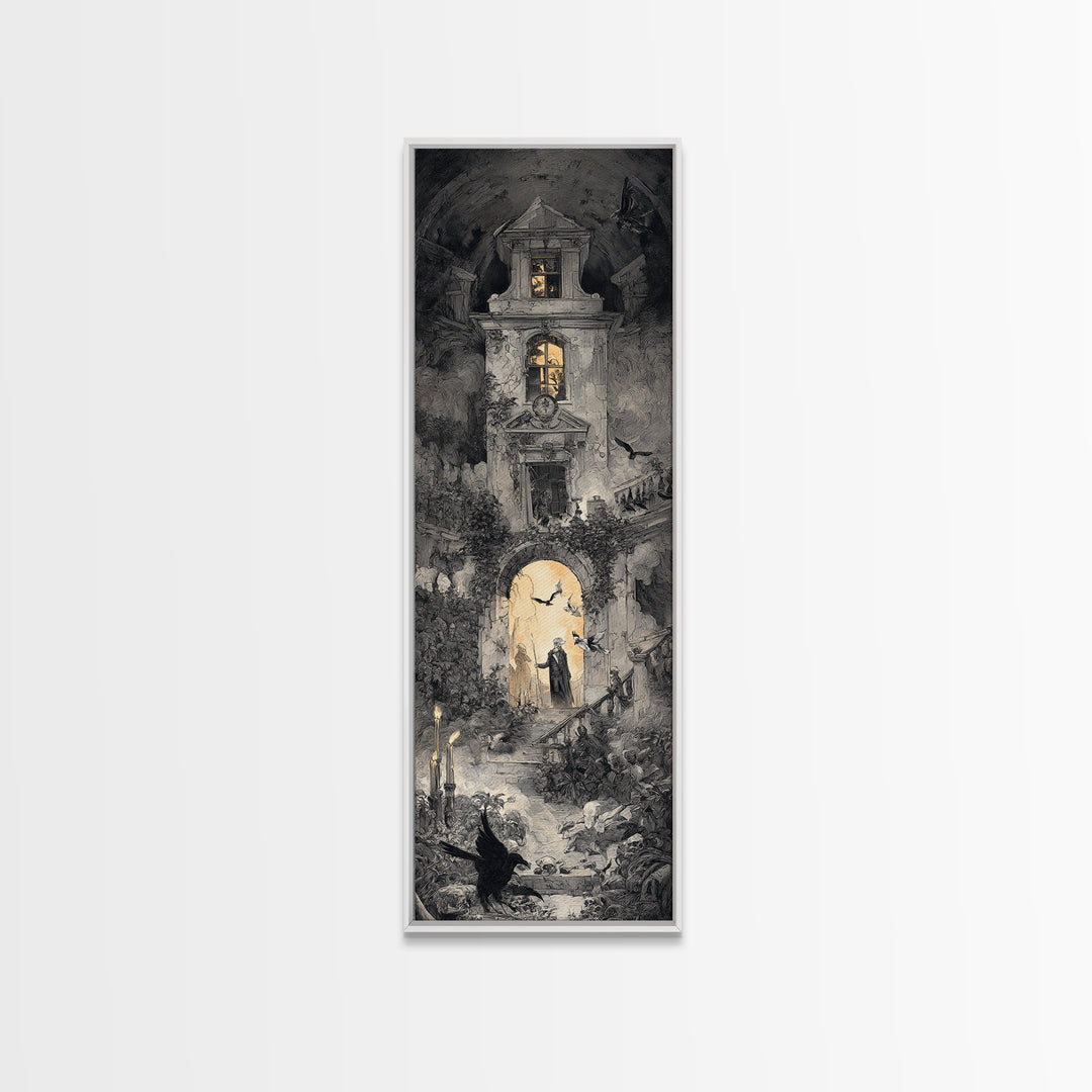 The Haunted Manor, Architectural Etching Art, Tall Narrow Wall Art, Dark Fantasy Wall Art, Canvas Print, Halloween Wall Art