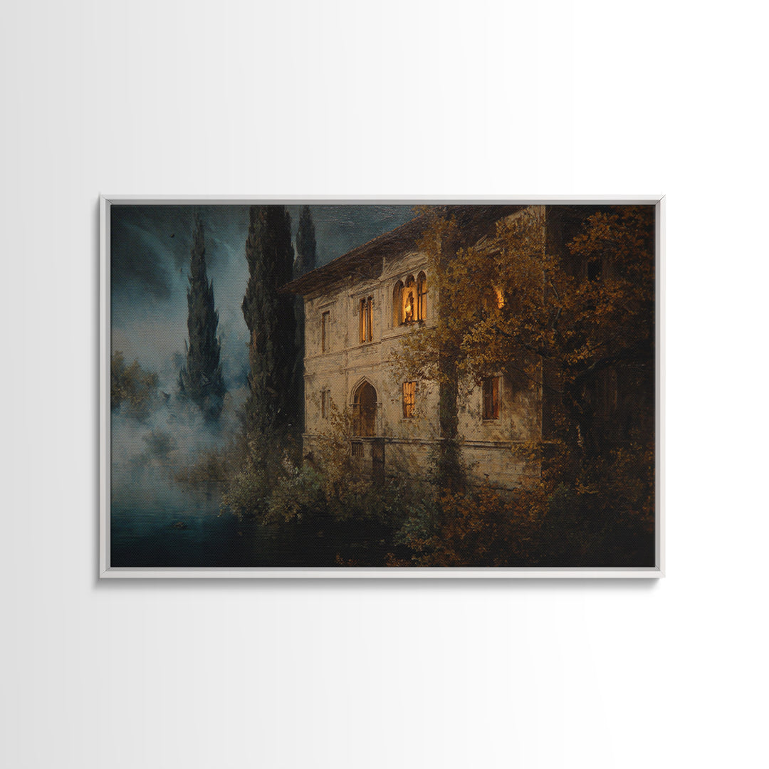 The Haunted Manor, Symbolist Gothic Landscape, Landscape Wall Art, Dark Fantasy Wall Art, Framed Canvas Print, Halloween Wall Art
