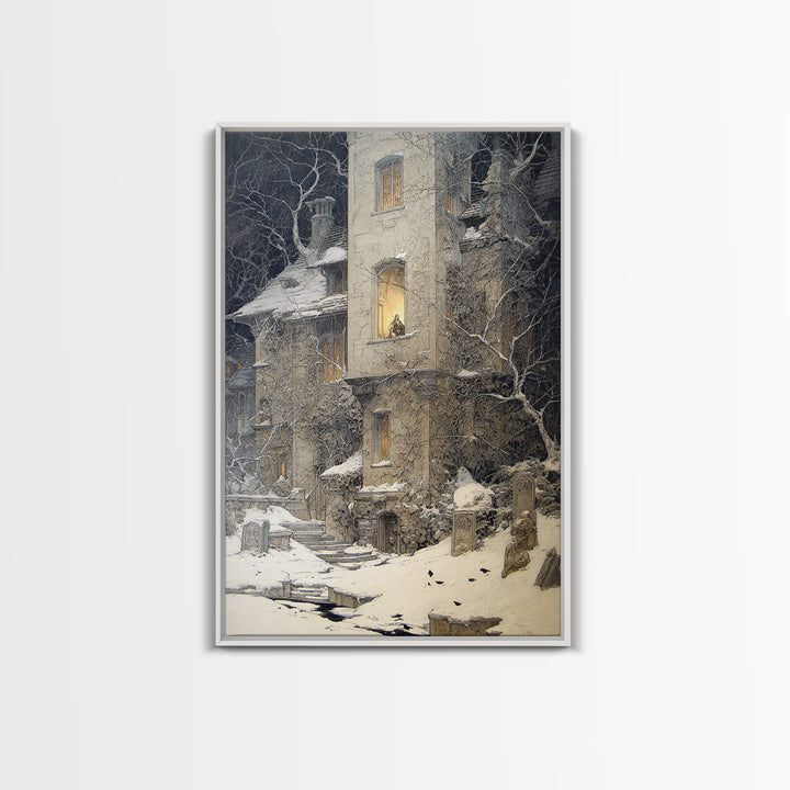The Haunted Manor, Symbolist Death Art, Vertical Wall Art, Dark Fantasy Wall Art, Canvas Print, Halloween Wall Art