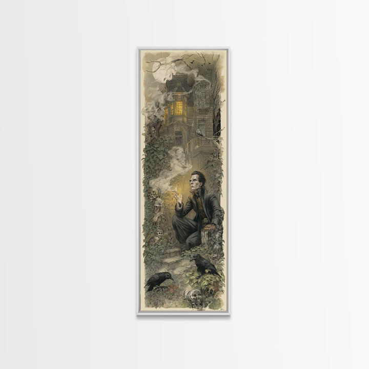 The Haunted Manor, Symbolist Etching Art, Tall Narrow Wall Art, Dark Fantasy Wall Art, Framed Canvas Print, Halloween Wall Art