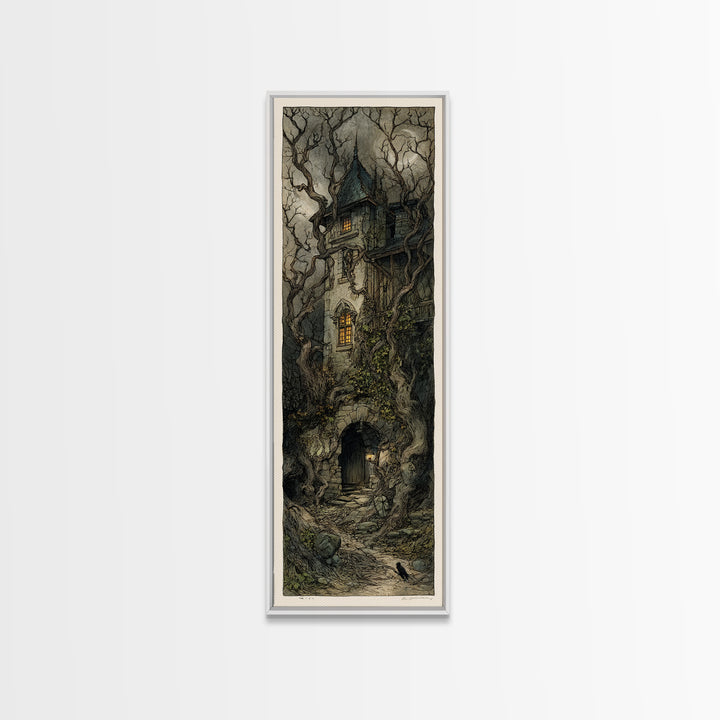 The Haunted Manor, Gothic Storybook Art, Tall Narrow Wall Art, Macabre Wall Art, Canvas Print, Halloween Wall Art, Statement Wall Art