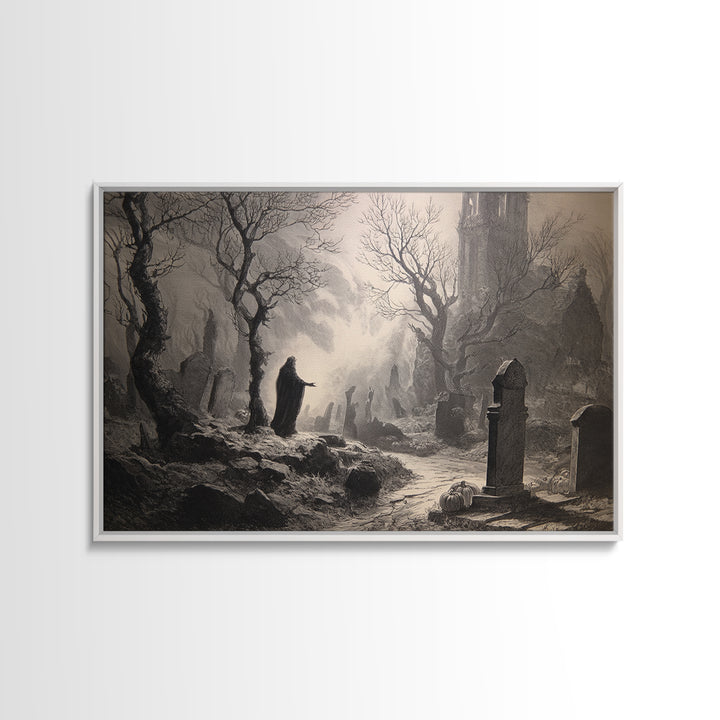 The Moonlit Cemetery, Gothic Engraving Art, Landscape Wall Art, Gothic Horror Wall Art, Canvas Print, Halloween Wall Art