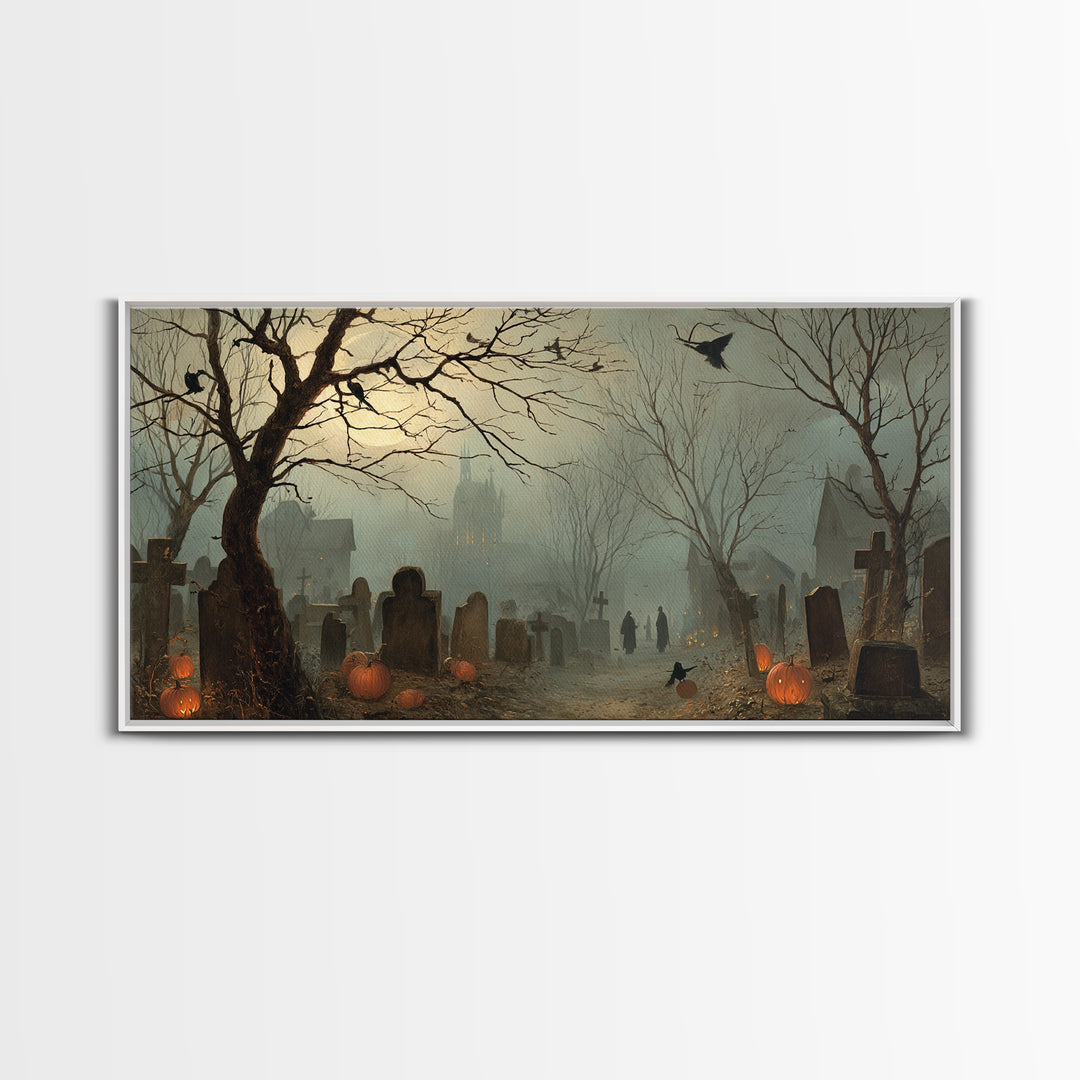 The Moonlit Cemetery, Northern Renaissance Horror, Wide Panoramic Art, Gothic Horror Wall Art, Framed Canvas Print
