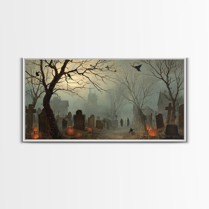 The Moonlit Cemetery, Northern Renaissance Horror, Wide Panoramic Art, Gothic Horror Wall Art, Framed Canvas Print