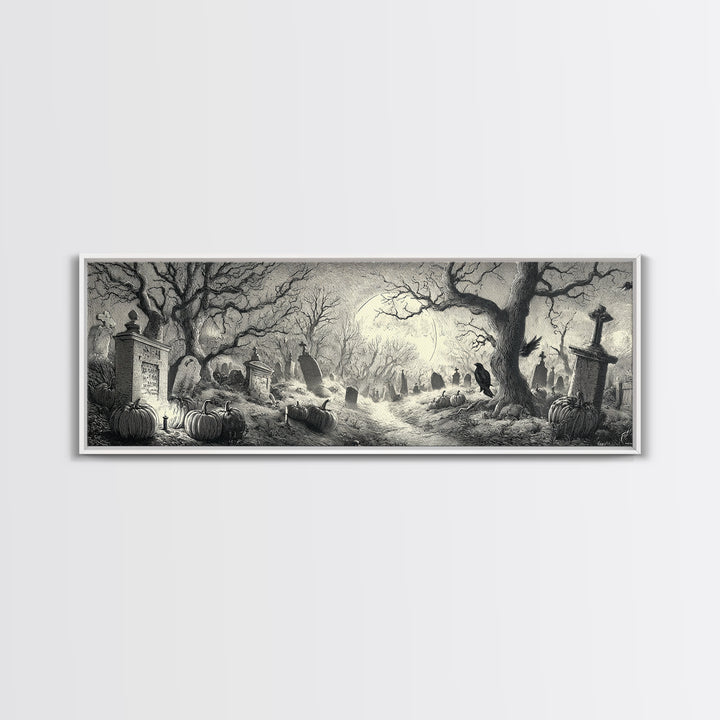 The Moonlit Cemetery, Renaissance Engraving Art, Extra Wide Wall Art, Macabre Wall Art, Canvas Print, Halloween Wall Art, Dark Fantasy Art