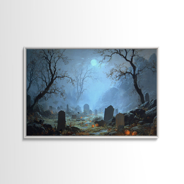 The Moonlit Cemetery, Baroque Witchcraft Art, Landscape Wall Art, Gothic Horror Wall Art, Framed Canvas Print, Halloween Wall Art