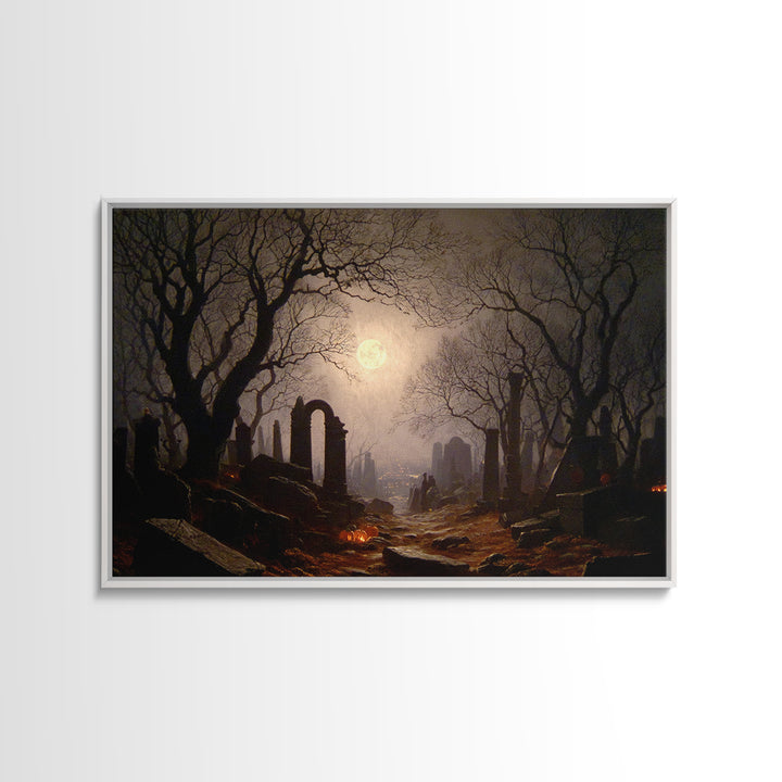 The Moonlit Cemetery, Romantic Gothic Landscape, Landscape Wall Art, Dark Fantasy Wall Art, Framed Canvas Print, Gothic Home Decor