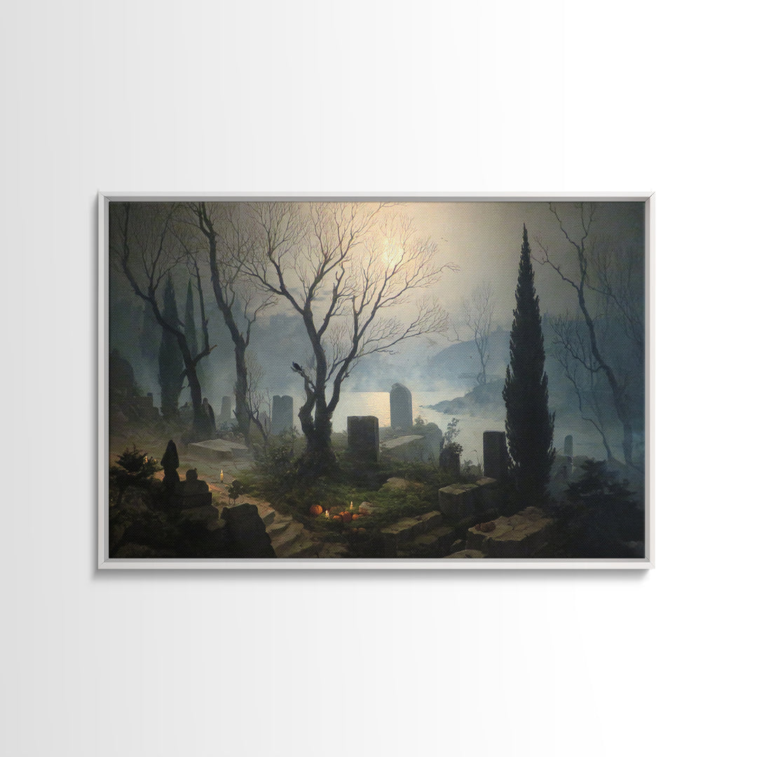 The Moonlit Cemetery, Symbolist Gothic Landscape, Landscape Wall Art, Dark Fantasy Wall Art, Canvas Print, Halloween Wall Art