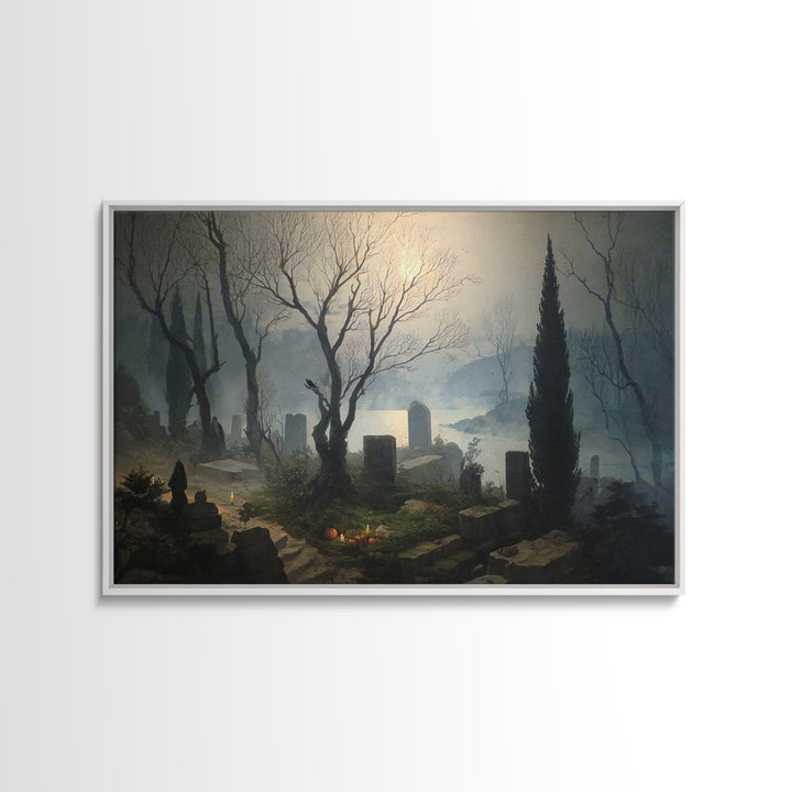 The Moonlit Cemetery, Symbolist Gothic Landscape, Landscape Wall Art, Dark Fantasy Wall Art, Canvas Print, Halloween Wall Art