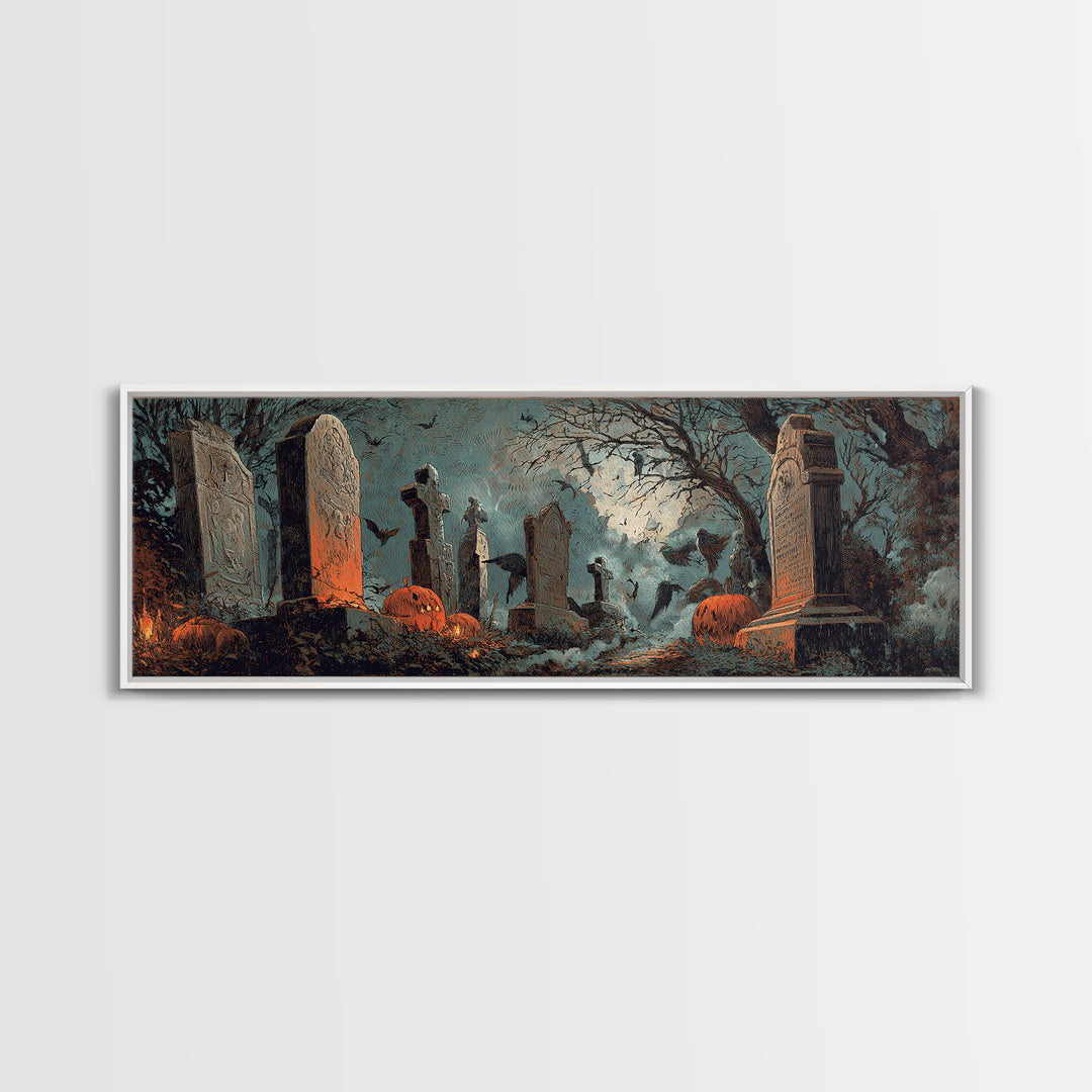 The Moonlit Cemetery, Decadent Gothic Art, Extra Wide Wall Art, Macabre Wall Art, Framed Canvas Print, Halloween Wall Art