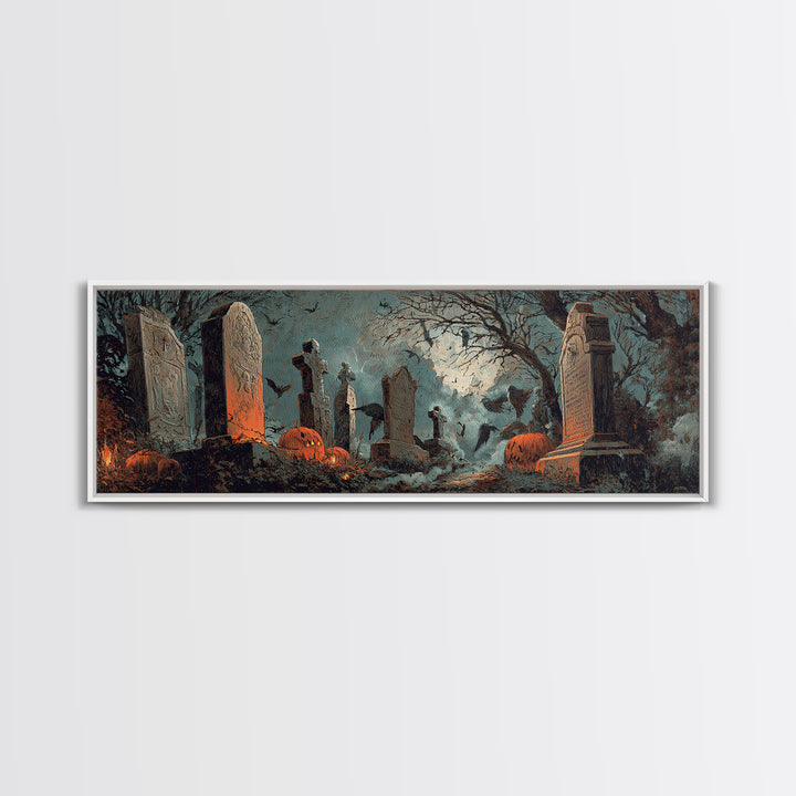 The Moonlit Cemetery, Decadent Gothic Art, Extra Wide Wall Art, Macabre Wall Art, Framed Canvas Print, Halloween Wall Art