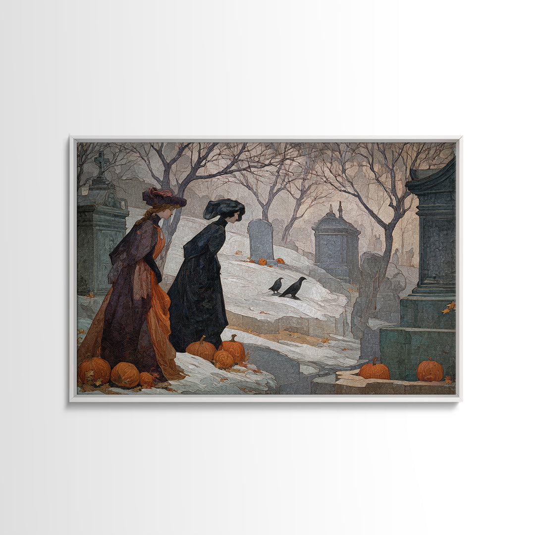 The Moonlit Cemetery, Symbolist Death Art, Landscape Wall Art, Dark Halloween Decor, Framed Canvas Print, Halloween Wall Art