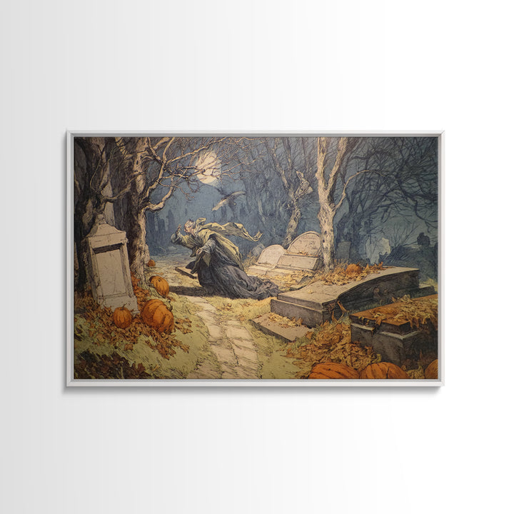 The Moonlit Cemetery, Symbolist Etching Art, Landscape Wall Art, Dark Fantasy Wall Art, Canvas Print, Halloween Wall Art