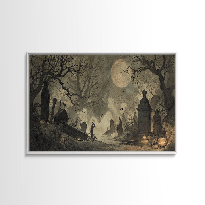 The Moonlit Cemetery, Expressionist Nightmare Art, Wide Panoramic Art, Macabre Wall Art, Canvas Print, Halloween Wall Art, Halloween Decor