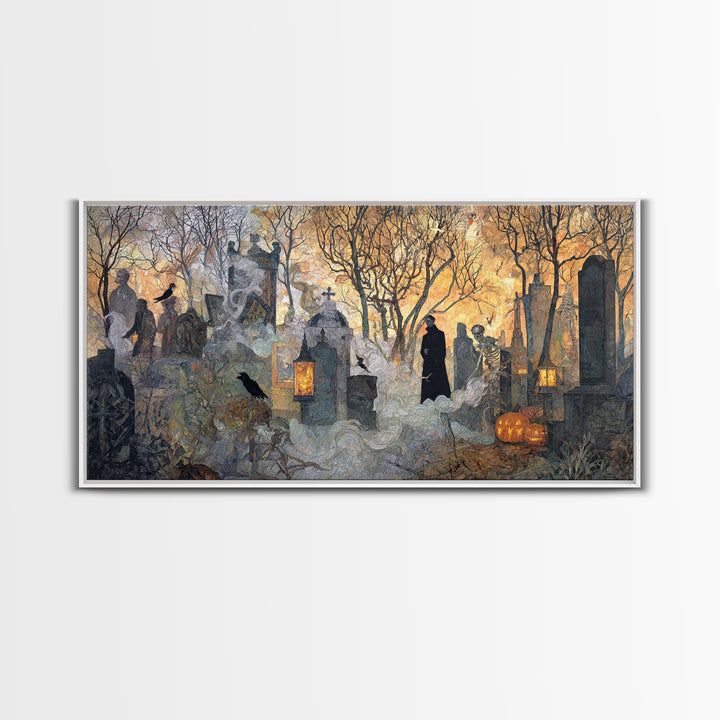 The Moonlit Cemetery, Grotesque Carnival Art, Wide Panoramic Art, Gothic Horror Wall Art, Framed Canvas Print, Halloween Wall Art