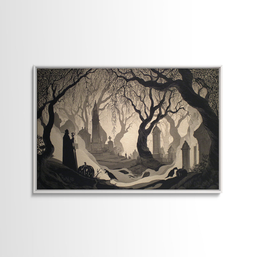 The Moonlit Cemetery, Decadent Line Art, Landscape Wall Art, Dark Fantasy Wall Art, Framed Canvas Print, Halloween Wall Art