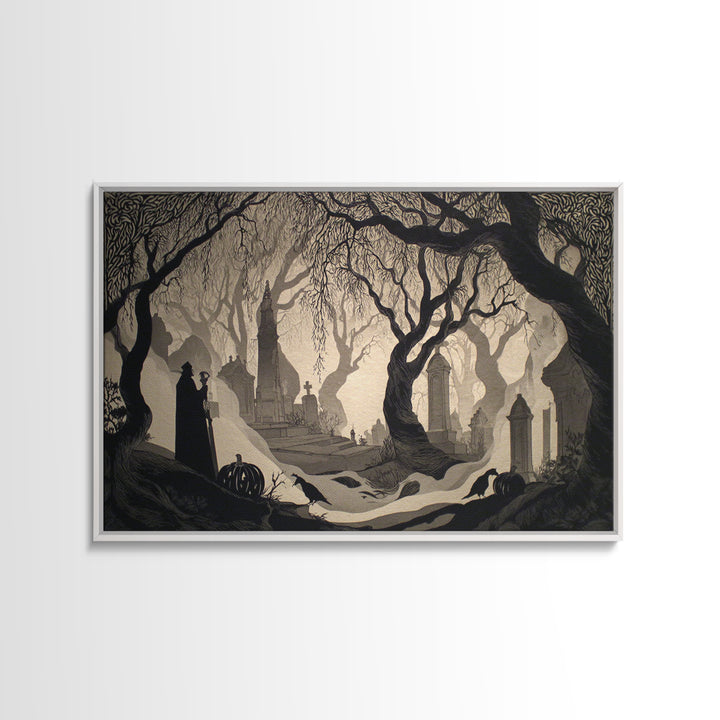 The Moonlit Cemetery, Decadent Line Art, Landscape Wall Art, Dark Fantasy Wall Art, Framed Canvas Print, Halloween Wall Art