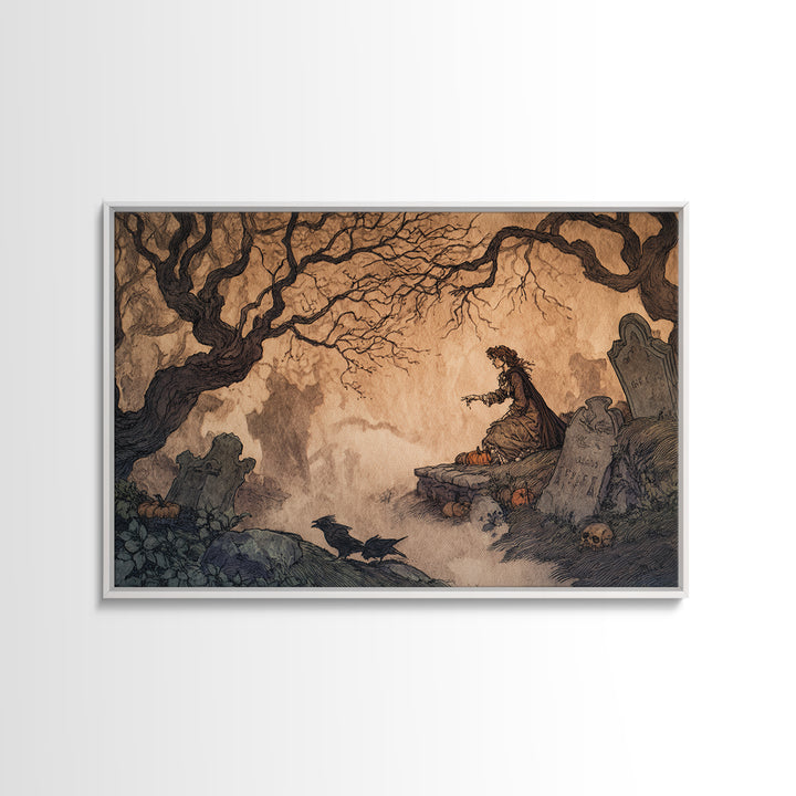 The Moonlit Cemetery, Gothic Storybook Art, Landscape Wall Art, Macabre Wall Art, Framed Canvas Print, Halloween Wall Art
