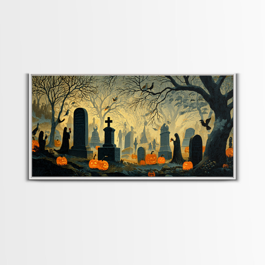 The Moonlit Cemetery, Macabre Folk Print Art, Wide Panoramic Art, Dark Fantasy Wall Art, Canvas Print, Halloween Wall Art