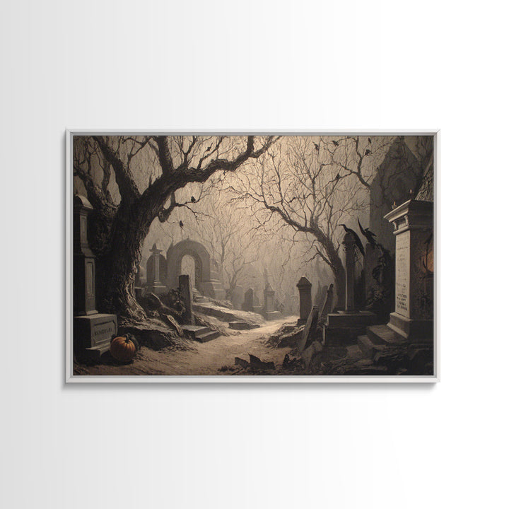The Moonlit Cemetery, Biomechanical Horror Art, Landscape Wall Art, Gothic Horror Wall Art, Canvas Print, Halloween Wall Art