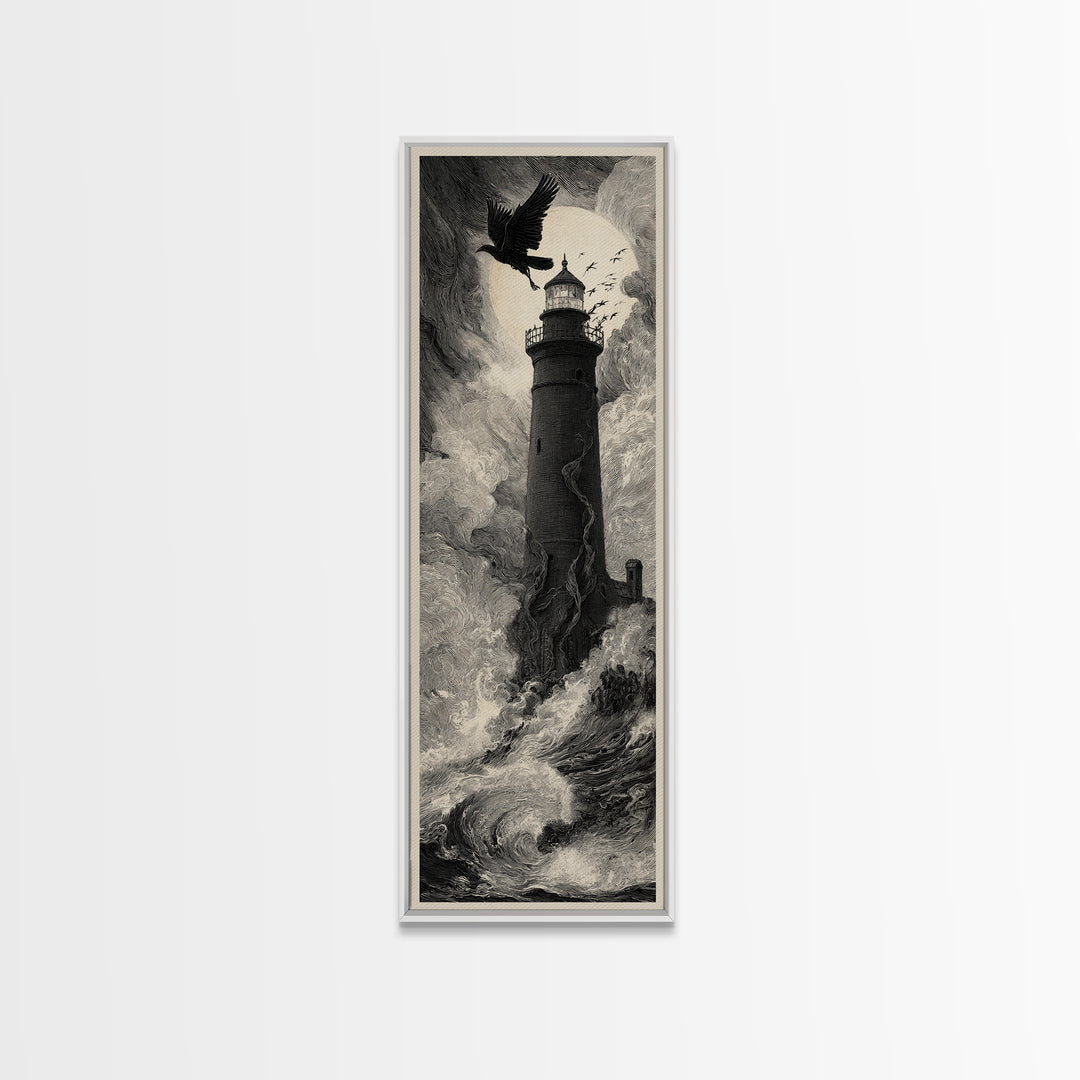 The Cursed Lighthouse, Gothic Engraving Art, Tall Narrow Wall Art, Dark Fantasy Wall Art, Framed Canvas Print, Halloween Wall Art