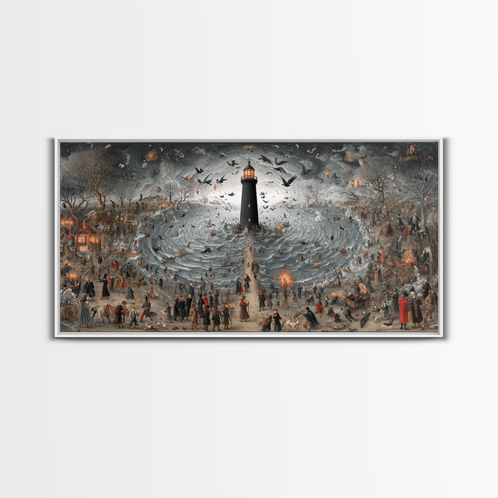 The Cursed Lighthouse, Northern Renaissance Horror, Wide Panoramic Art, Dark Halloween Decor, Canvas Print, Halloween Wall Art