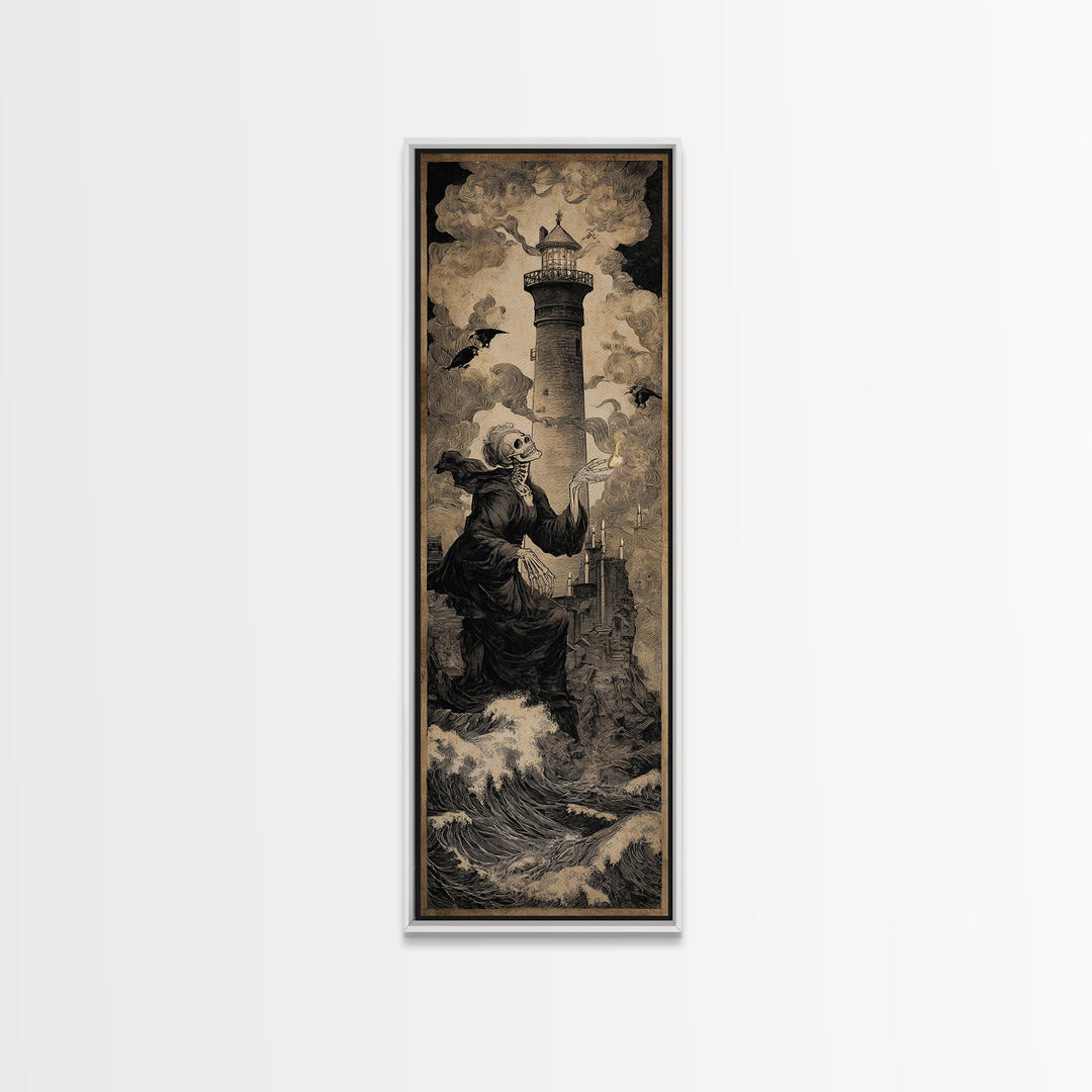 The Cursed Lighthouse, Danse Macabre Art, Tall Narrow Wall Art, Macabre Wall Art, Framed Canvas Print, Halloween Decor