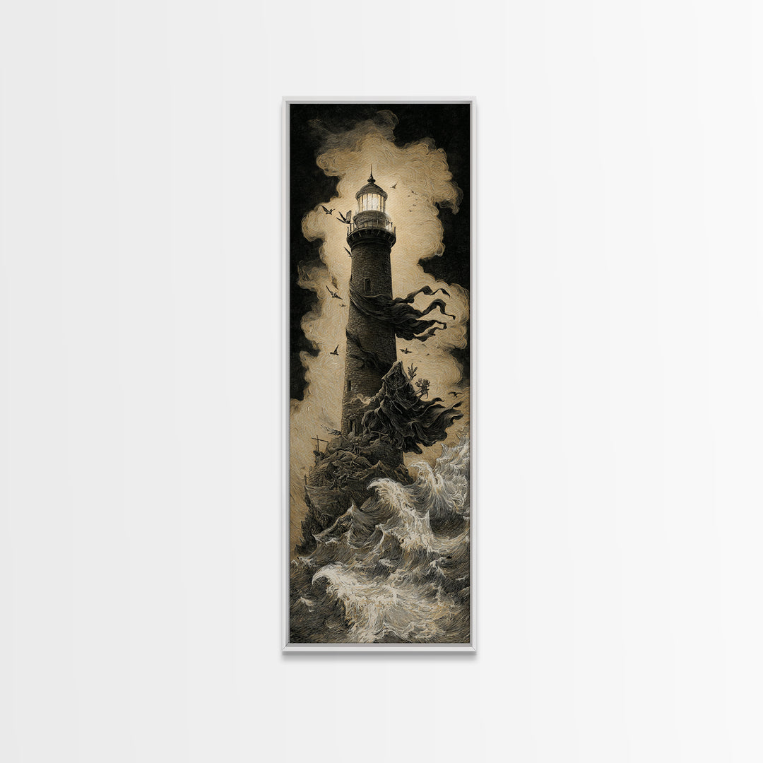 The Cursed Lighthouse, Baroque Witchcraft Art, Tall Narrow Wall Art, Macabre Wall Art, Framed Canvas Print, Halloween Wall Art