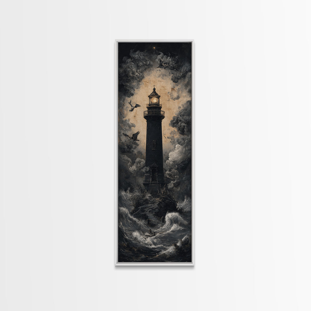 The Cursed Lighthouse, Dark Romantic Horror Art, Tall Narrow Wall Art, Macabre Wall Art, Framed Canvas Print, Halloween Wall Art
