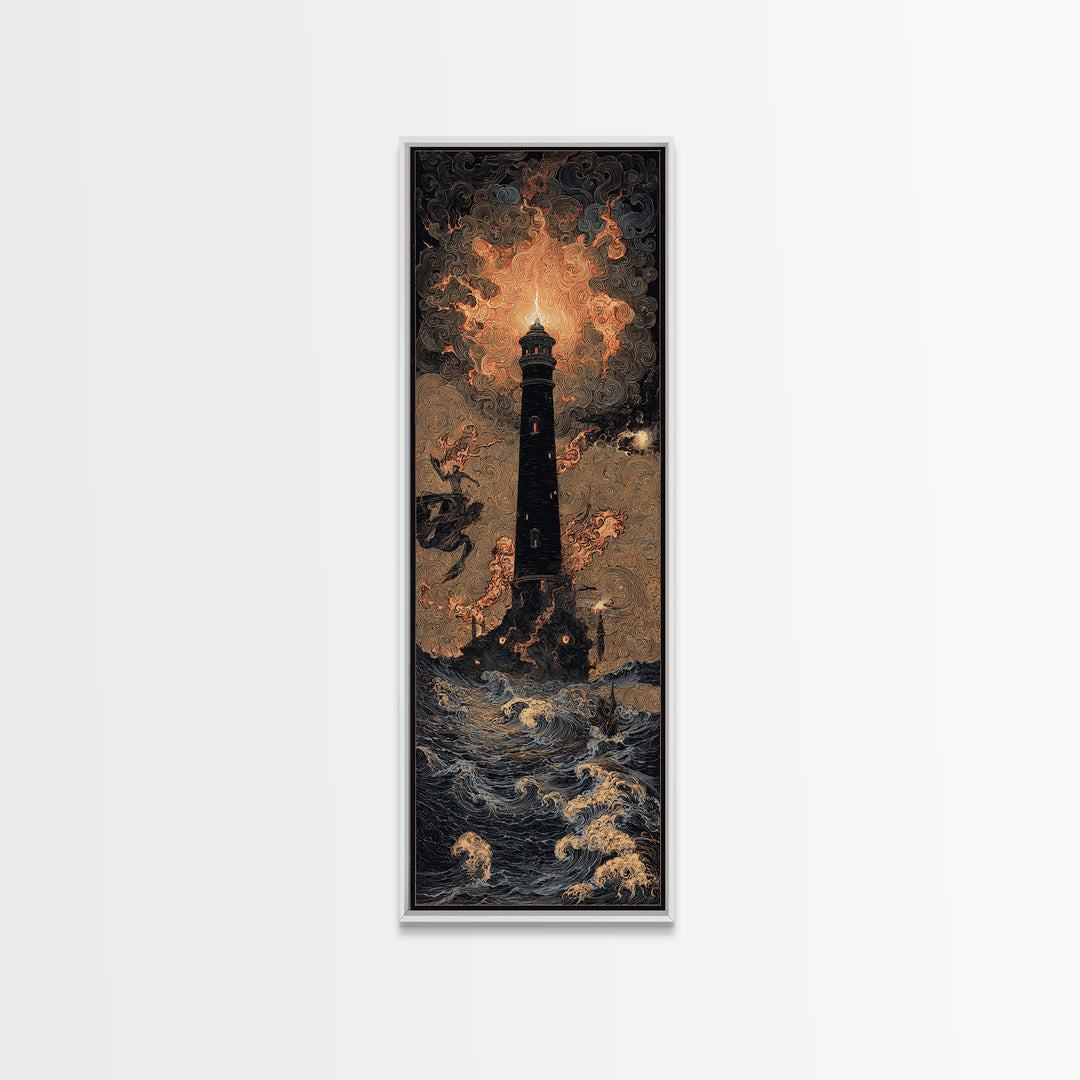 The Cursed Lighthouse, Visionary Gothic Art, Tall Narrow Wall Art, Dark Fantasy Wall Art, Framed Canvas Print, Halloween Wall Art