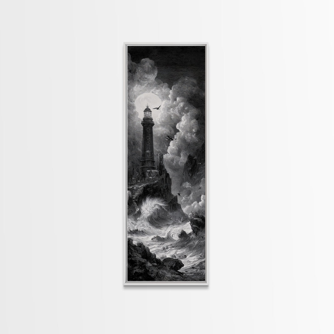 The Cursed Lighthouse, Architectural Etching Art, Tall Narrow Wall Art, Macabre Wall Art, Canvas Print, Halloween Wall Art