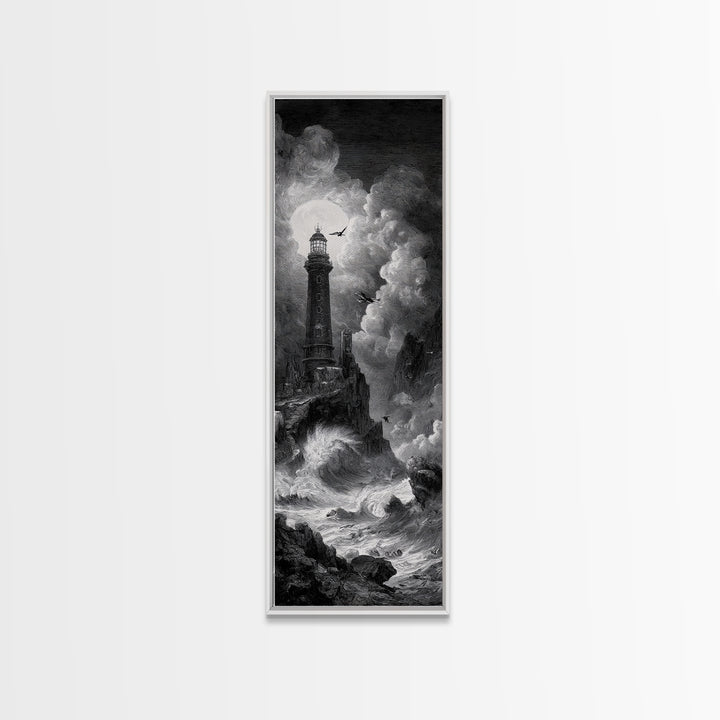The Cursed Lighthouse, Architectural Etching Art, Tall Narrow Wall Art, Macabre Wall Art, Canvas Print, Halloween Wall Art