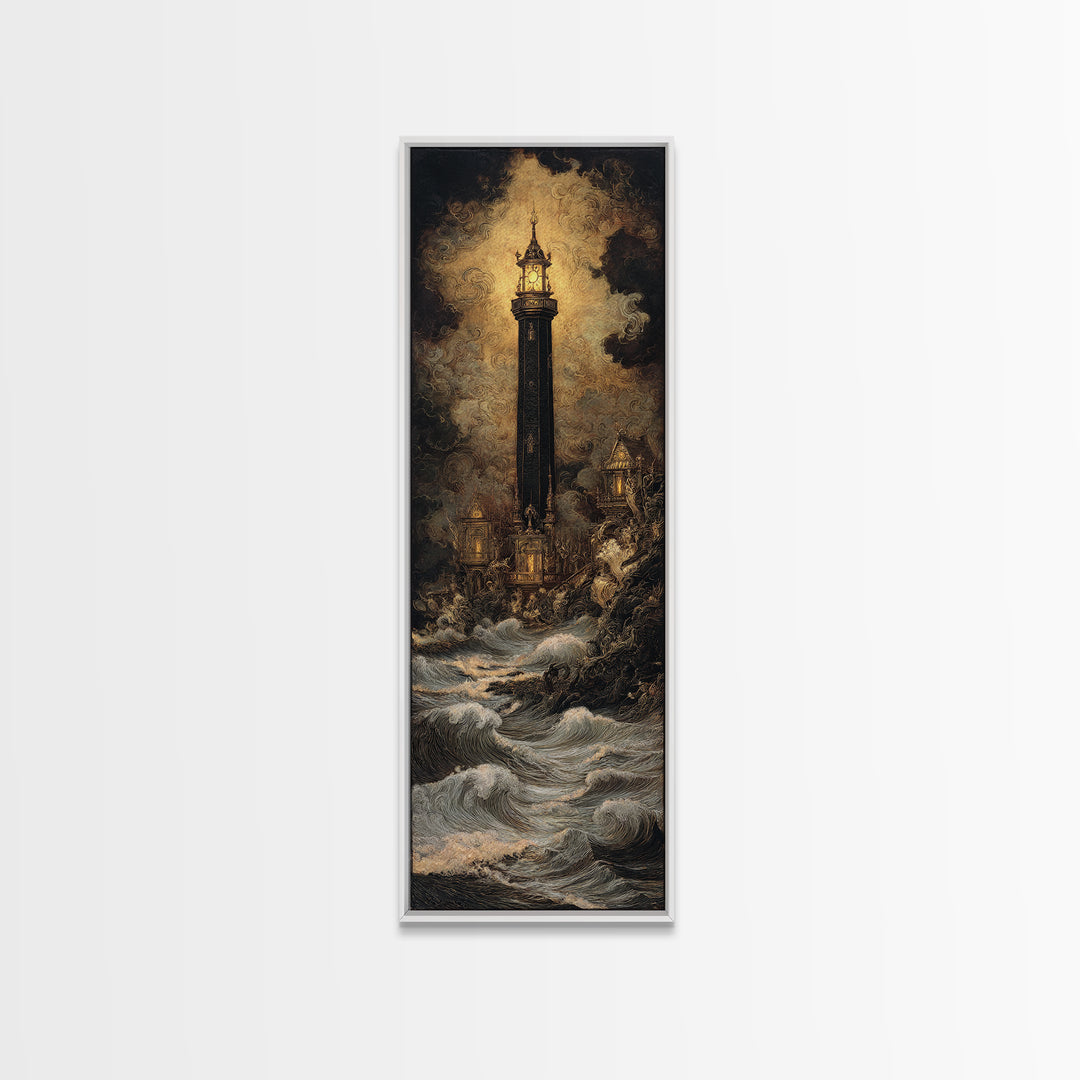 The Cursed Lighthouse, Ornate Symbolist Art, Tall Narrow Wall Art, Dark Halloween Decor, Framed Canvas Print, Halloween Wall Art
