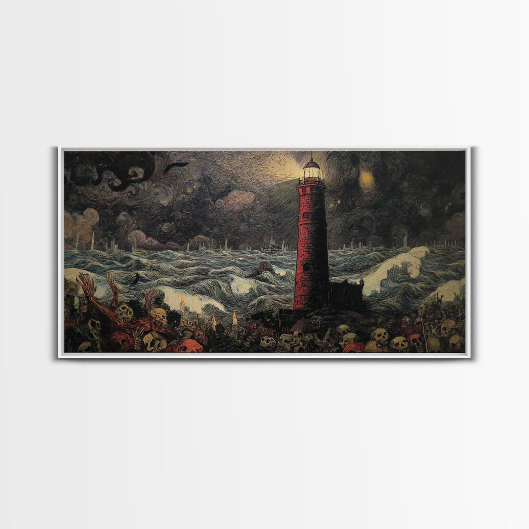 The Cursed Lighthouse, Grotesque Carnival Art, Wide Panoramic Art, Dark Fantasy Wall Art, Canvas Print, Halloween Wall Art