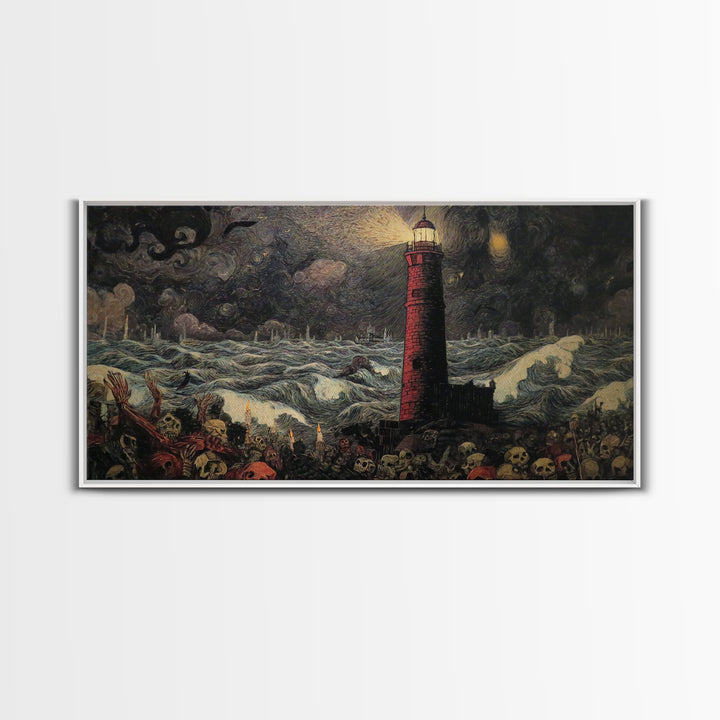 The Cursed Lighthouse, Grotesque Carnival Art, Wide Panoramic Art, Dark Fantasy Wall Art, Canvas Print, Halloween Wall Art