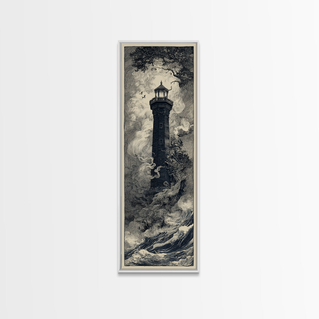The Cursed Lighthouse, Gothic Storybook Art, Tall Narrow Wall Art, Macabre Wall Art, Canvas Print, Halloween Wall Art
