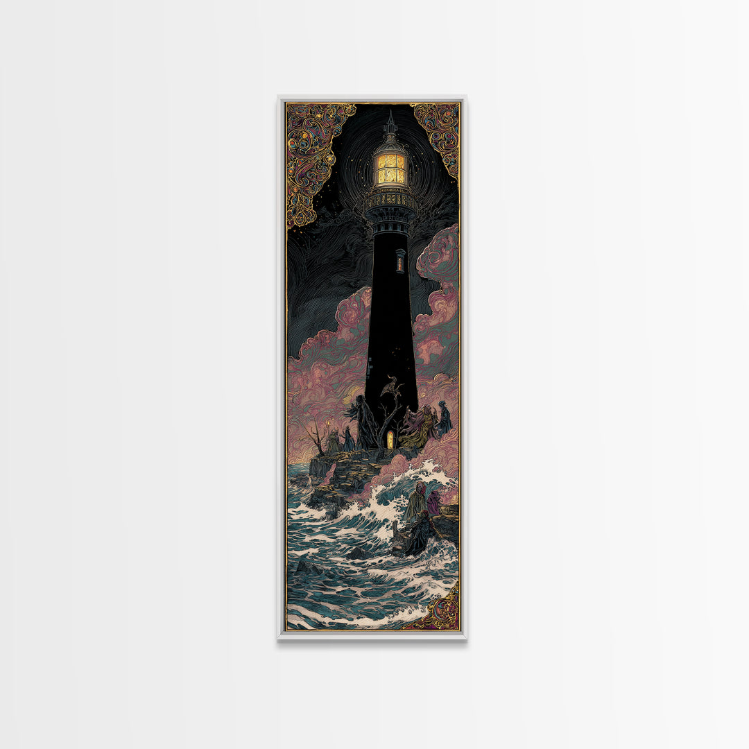 The Cursed Lighthouse, Stained Glass Gothic Art, Tall Narrow Wall Art, Dark Halloween Decor, Framed Canvas Print, Halloween Wall Art