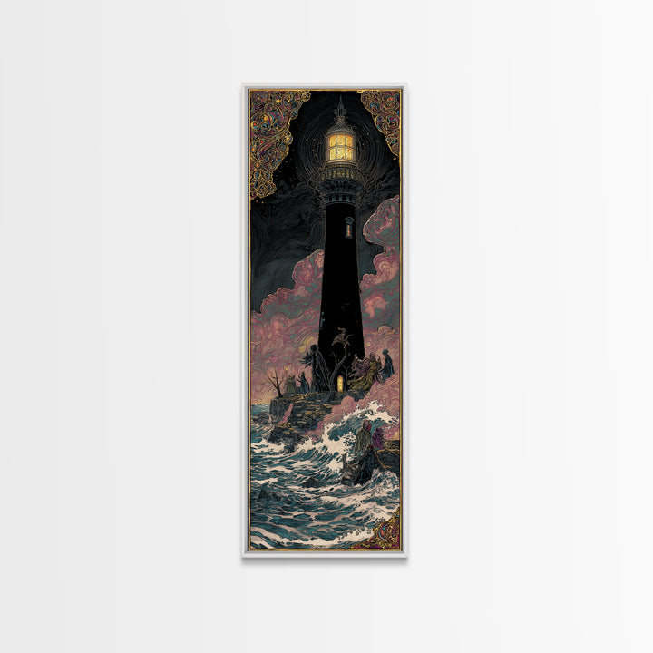 The Cursed Lighthouse, Stained Glass Gothic Art, Tall Narrow Wall Art, Dark Halloween Decor, Framed Canvas Print, Halloween Wall Art