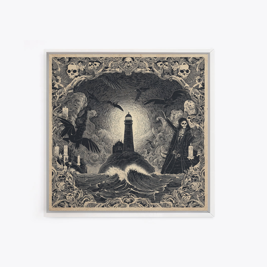 The Cursed Lighthouse, Macabre Folk Print Art, Square Wall Art, Gothic Horror Wall Art, Framed Canvas Print, Halloween Wall Art