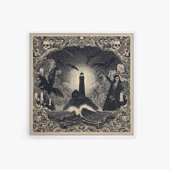 The Cursed Lighthouse, Macabre Folk Print Art, Square Wall Art, Gothic Horror Wall Art, Framed Canvas Print, Halloween Wall Art