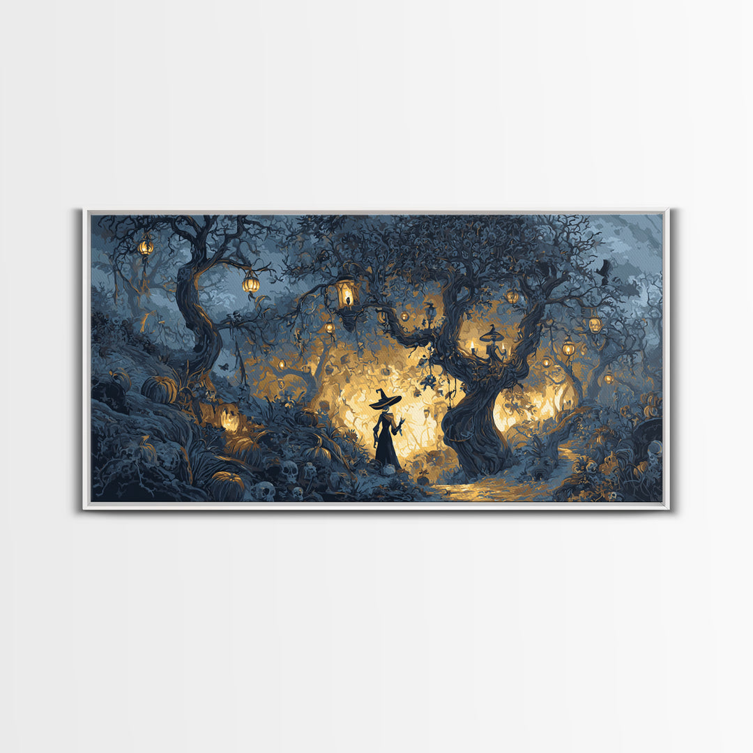 The Witch'S Forest, Macabre Folk Print Art, Wide Panoramic Art, Macabre Wall Art, Canvas Print, Halloween Wall Art