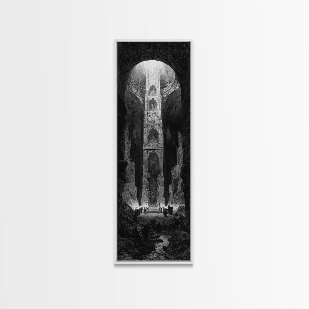 The Forgotten Crypt, Gothic Engraving Art, Tall Narrow Wall Art, Gothic Horror Wall Art, Framed Canvas Print, Halloween Wall Art
